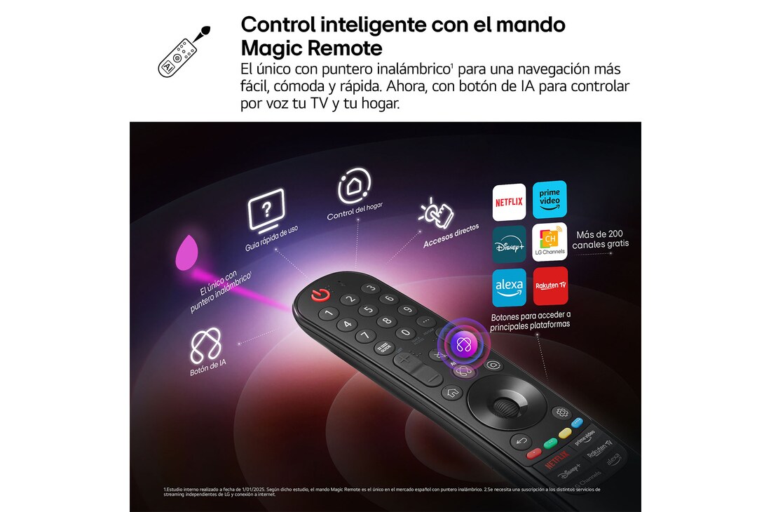 En la pantalla de un televisor LG OLED TV se muestra la página de inicio de webOS 25 llena de aplicaciones y contenidos de entretenimiento. Junto al televisor está el mando a distancia LG AI Magic Remote. El botón AI está iluminado como si se hubiera activado con la voz del usuario. A su lado se puede ver una burbuja de texto que cambia a Mi cuenta. El texto breve explica cómo los usuarios pueden sincronizar su voz a su perfil personal para facilitar la navegación y recibir recomendaciones personalizadas.