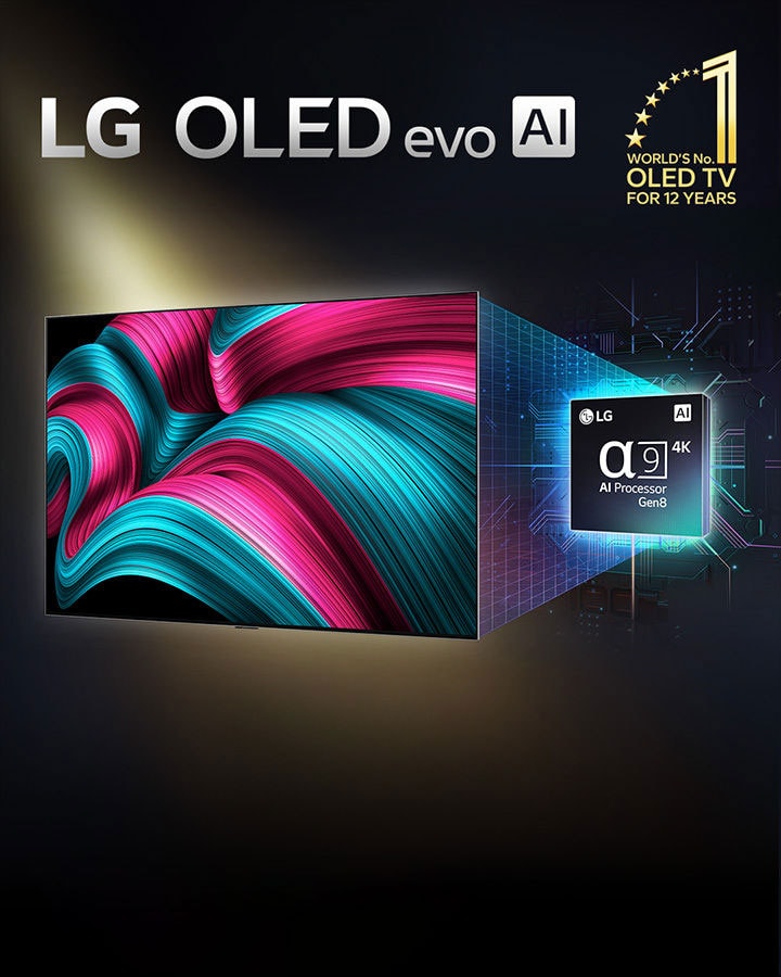 En la pantalla de un televisor LG OLED evo AI hay una imagen abstracta con un nivel de detalle, color y contraste impresionantes. Detrás del televisor hay una versión ampliada del procesador alpha 9 AI Gen8. Brilla con luz que ilumina los circuitos de microchips que lo rodean. El título reza LG OLED evo AI. También se ve el texto powered by LG alpha 9 AI Gen8 processor. En la esquina hay un logotipo dorado con estrellas que reza: «El televisor OLED número uno del mundo durante 12 años». 