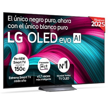 Vista frontal del televisor LG OLED evo AI C5 4K Smart TV. En la pantalla aparecen el distintivo “12 Years of world number 1 OLED” y el logotipo LG OLED evo AI 2025.