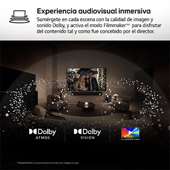 Vista amplia de un salón elegante y colorido. Hay un televisor LG OLED evo AI C5E 4K Smart TV montado en la pared con una LG Soundbar debajo. El diseño del televisor se integra perfectamente en el espacio. En la pantalla del televisor hay una obra de arte colorida. 