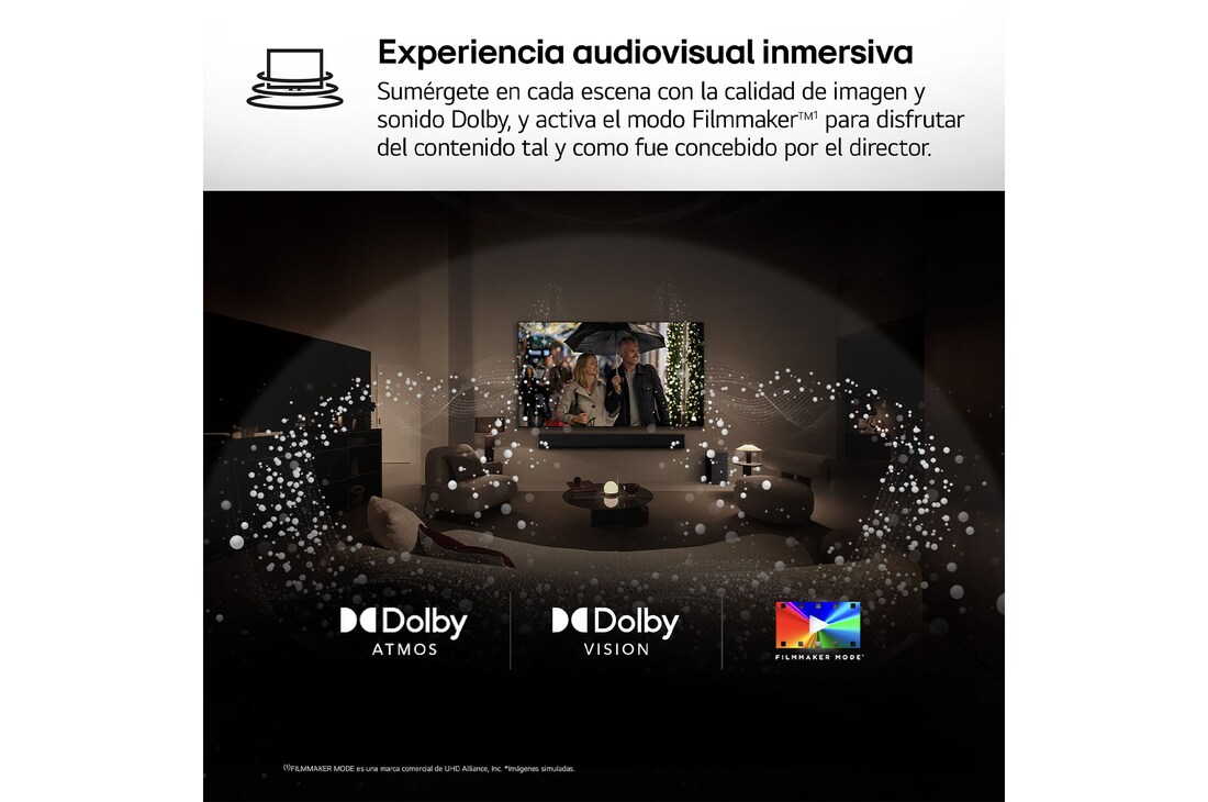 Vista amplia de un salón elegante y colorido. Hay un televisor LG OLED evo AI C5E 4K Smart TV montado en la pared con una LG Soundbar debajo. El diseño del televisor se integra perfectamente en el espacio. En la pantalla del televisor hay una obra de arte colorida. 