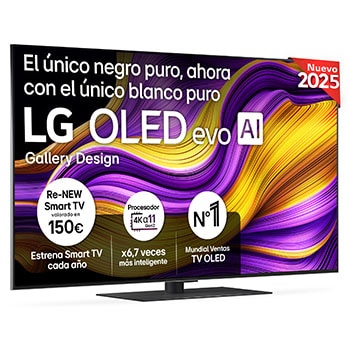 Vista frontal del televisor LG OLED evo AI G5 4K Smart TV. En la pantalla aparecen el distintivo “12 Years of world number 1 OLED” y el logotipo LG OLED evo AI 2025.