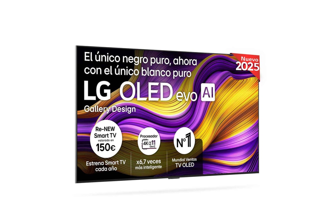 Vista frontal del televisor LG OLED evo AI G5 4K Smart TV. En la pantalla aparecen el distintivo “12 Years of world number 1 OLED” y el logotipo LG OLED evo AI 2025.