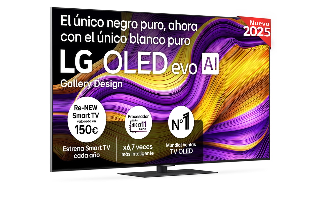 Vista frontal del televisor LG OLED evo AI G5 4K Smart TV. En la pantalla aparecen el distintivo “12 Years of world number 1 OLED” y el logotipo LG OLED evo AI 2025.