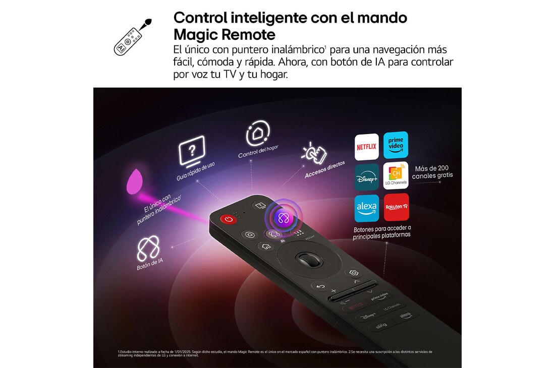 AI Magic Remote de LG en primer plano. El icono del botón AI está resaltado. En el fondo aparece la interfaz de usuario de webOS de LG. El cursor del ratón implica que se está usando el mando a distancia. El texto explica cómo las funciones del mando a distancia y los controles hacen que la navegación en webOS sea más sencilla. 