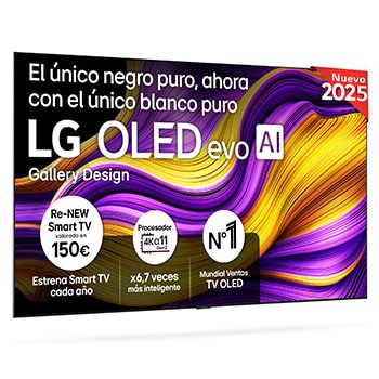 Vista frontal del televisor LG OLED evo AI G5 4K Smart TV. En la pantalla aparecen el distintivo “12 Years of world number 1 OLED” y el logotipo LG OLED evo AI 2025.