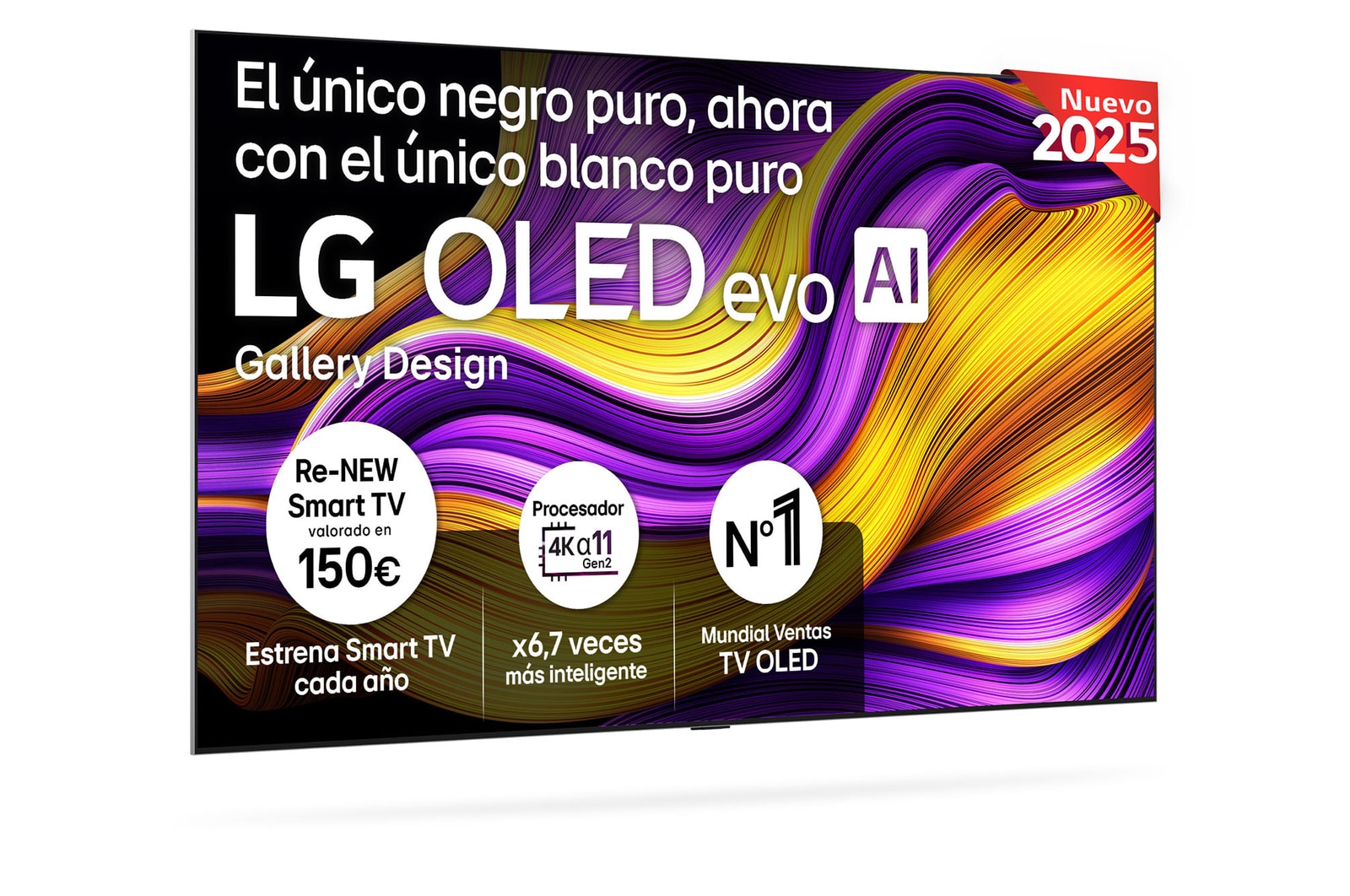 Vista frontal del televisor LG OLED evo AI G5 4K Smart TV. En la pantalla aparecen el distintivo “12 Years of world number 1 OLED” y el logotipo LG OLED evo AI 2025.