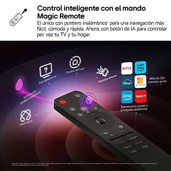 En la pantalla de un televisor LG OLED TV se muestra la página de inicio de webOS 25 llena de aplicaciones y contenidos de entretenimiento. Junto al televisor está el mando a distancia LG AI Magic Remote. El botón AI está iluminado como si se hubiera activado con la voz del usuario. A su lado se puede ver una burbuja de texto que cambia a Mi cuenta. El texto breve explica cómo los usuarios pueden sincronizar su voz a su perfil personal para facilitar la navegación y recibir recomendaciones personalizadas.