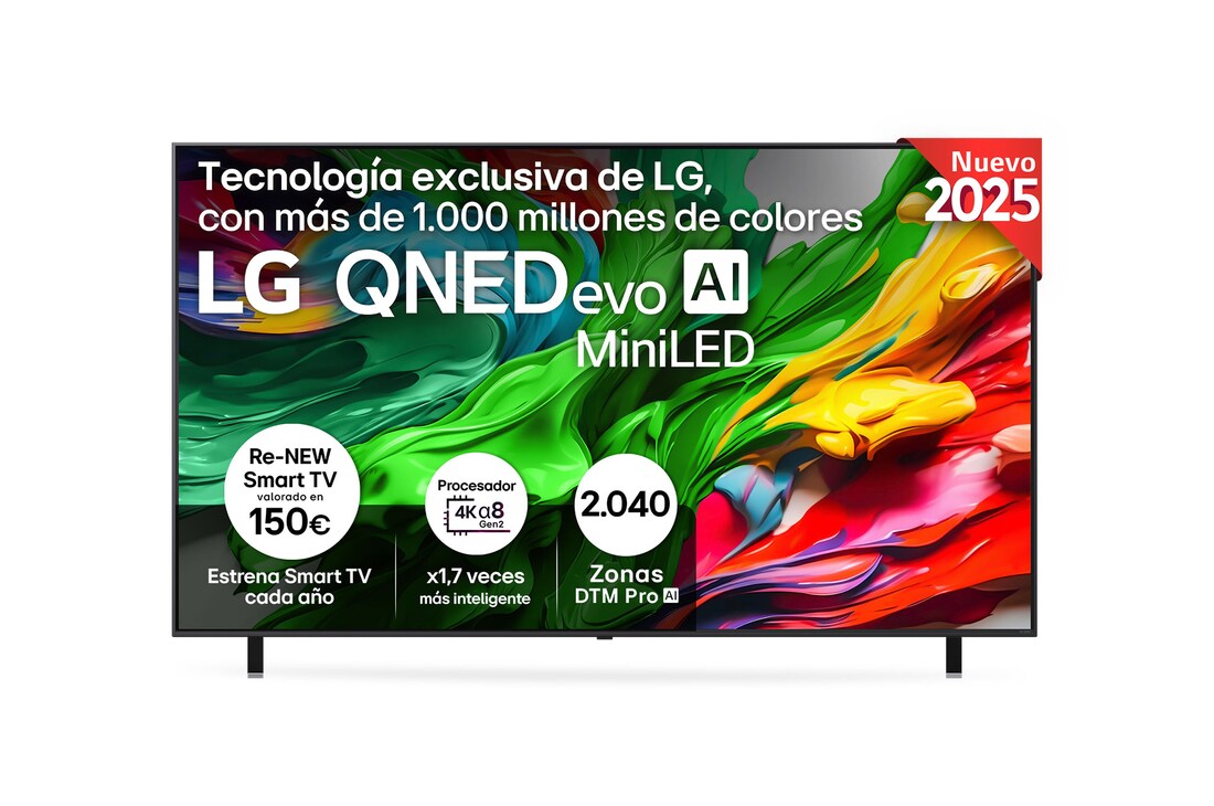 Vista frontal de TV LG QNED evo, con el logotipo LG QNED evo AI en la esquina de arriba. El televisor LG QNED evo ofrece texturas coloridas similares a la pintura que se unen.