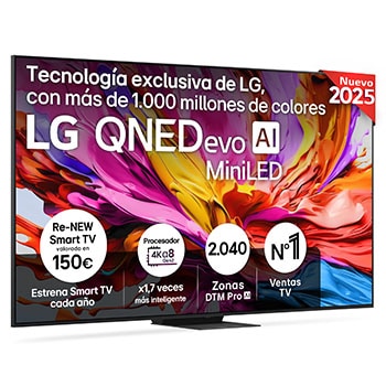 Vista lateral ligeramente inclinada hacia la derecha del televisor LG QNED evo