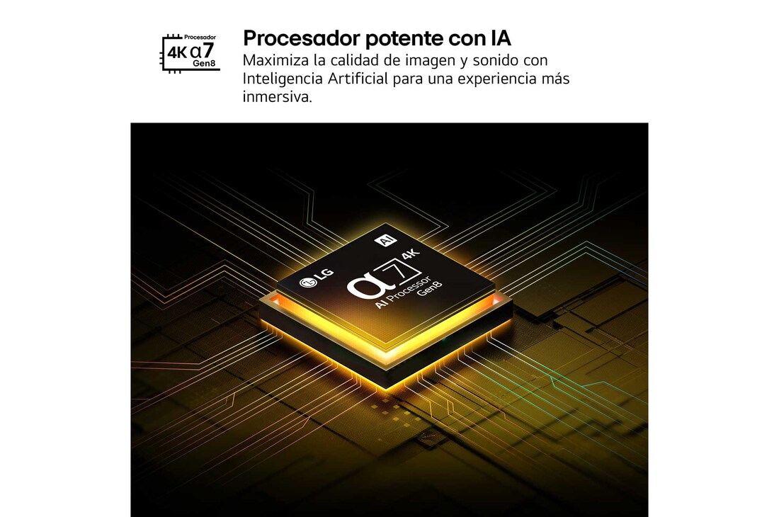 El procesador alpha 8 AI Processor Gen2 se enciende y emite destellos de luz naranjas y rosas. El título hace referencia a la calidad 4K, al color y al increíble brillo que el procesador ofrece. En el texto de la imagen se puede leer “aproximadamente procesamiento neuronal de la IA 1,7 veces mayor que la NPU y 1,4 veces más rápido que la CPU”.