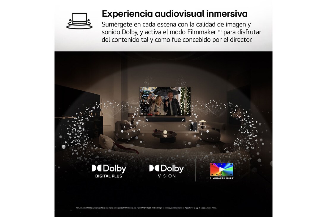 AI Magic Remote de LG en primer plano. El icono del botón AI está resaltado. En el fondo aparece la interfaz de usuario de webOS de LG. El cursor del ratón implica que se está usando el mando a distancia. El texto explica cómo las funciones del mando a distancia y los controles hacen que la navegación en webOS sea más sencilla. 