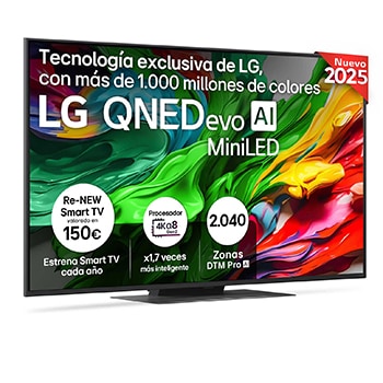 Vista lateral ligeramente inclinada hacia la derecha del televisor LG QNED evo