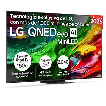Vista lateral ligeramente inclinada hacia la derecha del televisor LG QNED evo