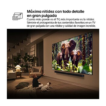 Una niña y un perro están sentados frente a un televisor LG QNED TV montado en una pared con una barra de sonido LG Soundbar. En pantalla muestra a tres elefantes caminando hacia adelante. El título hace referencia a cómo cada acción es más emocionante en una pantalla gigante.