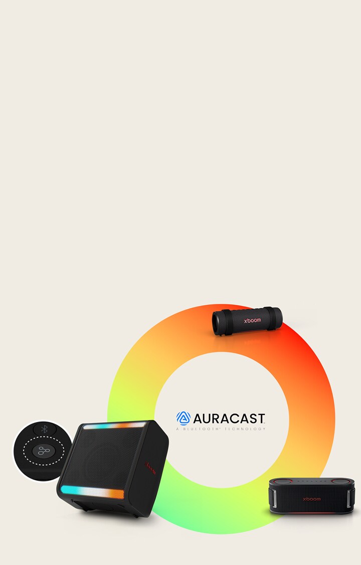En un círculo de color arco iris se colocan xboom Grab, Bounce y Stage 301 en el orden de las agujas del reloj. Junto al xboom Stage 301 se coloca en un círculo la imagen de su botón Auracast.	