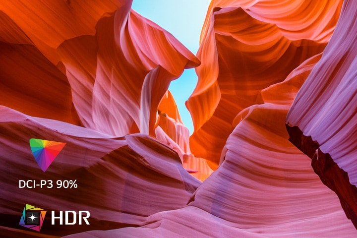 La pantalla contiene varios colores representando UHD 4K, y en la esquina inferior izquierda están los logos que indican HDR y DCI-P3 90%.