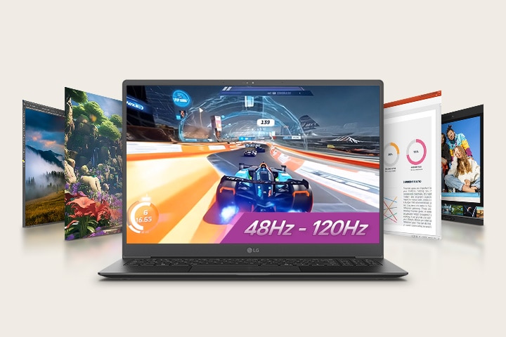 Una animación muestra un portátil exhibiendo una escena de un juego de carreras en su pantalla, con el texto destacado '48Hz - 120Hz', rodeado de pantallas adicionales que presentan diversos visuales. Esta configuración resalta la versatilidad en juegos y multimedia con una tasa de refresco variable.