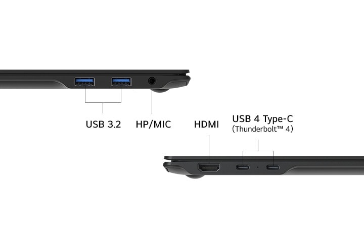 Vista lateral de un portátil que muestra sus puertos, incluidos USB 3.2, conector híbrido de auriculares y micrófono (HP/MIC), HDMI y USB 4 Type-C (Thunderbolt™ 4). El diseño limpio destaca las versátiles opciones de conectividad.