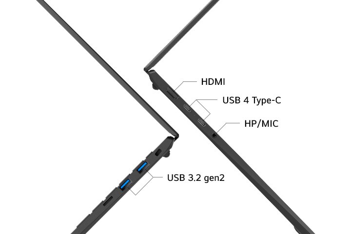 La imagen destaca los puertos laterales de un portátil, incluidos HDMI 2.1, dos USB 4 (Thunderbolt™ 4), dos USB 3.2 gen2 y toma de auriculares/micrófono 3.5mm. Muestra las versátiles opciones de conectividad del portátil.