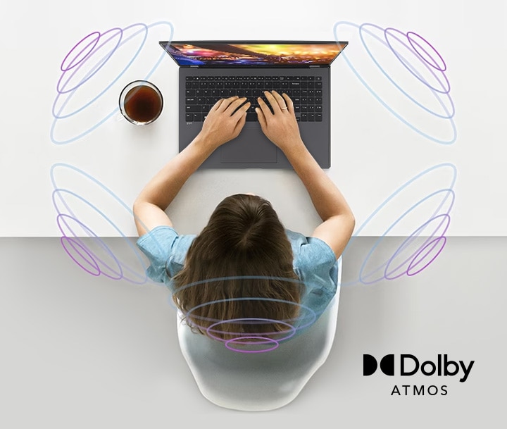 Muestra como el sonido sale por los altavoces del portátil LG gram y rodea el espacio alrededor del gram.