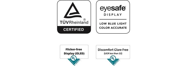Logo de TUV Rheinland Eyesafe Display, logo de Flicker-free Display, logo de Discomfort GlareFree