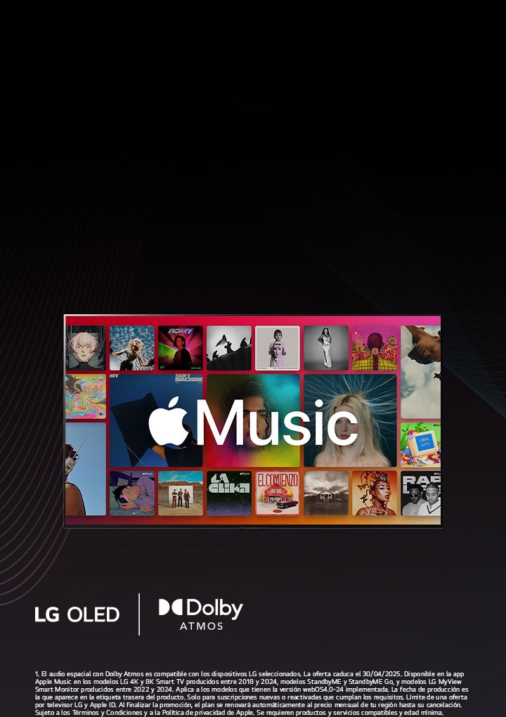 Diseño en cuadrícula de álbumes musicales con el logotipo de Apple Music superpuesto y los logotipos de LG OLED y Dolby Atmos debajo.