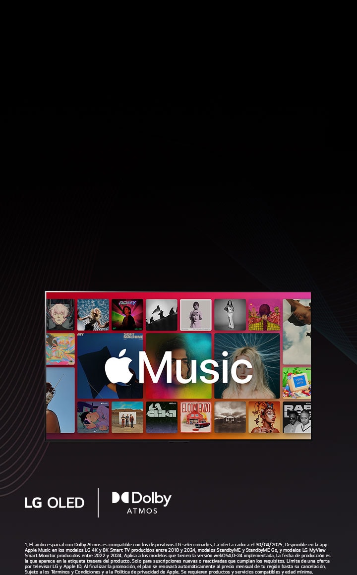 Diseño en cuadrícula de álbumes musicales con el logotipo de Apple Music superpuesto y los logotipos de LG OLED y Dolby Atmos debajo.