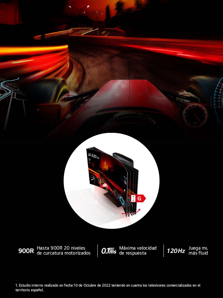 Cuatro televisores LG OLED Flex uno junto al otro en un ángulo de 45 grados. Cada uno muestra un nivel diferente de curvatura. Dos televisores vistos de frente que muestran una carrera en pantalla y dos televisores vistos desde atrás que muestran el sistema de iluminación Fusion Lighting.