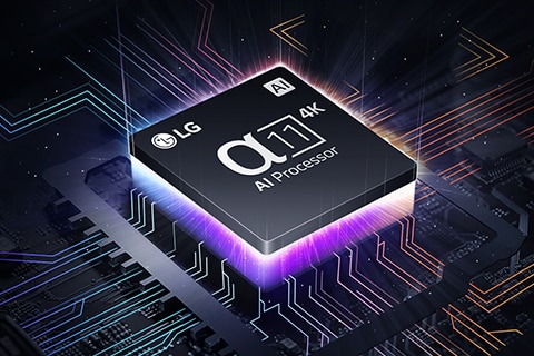 Imagen del procesador α11 AI Processor 4K colocado sobre la placa base, emitiendo destellos de luz lilas y rosas.