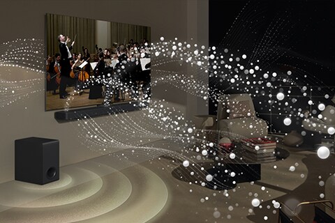 Imagen de un televisor LG y LG Soundbar reproduciendo una actuación musical en un salón. Gotas blancas que representan ondas sonoras salen disparadas hacia arriba y hacia adelante desde la barra de sonido y desde el televisor para representar una paleta de colores única que generan los altavoces del televisor y la barra de sonido juntos. 	