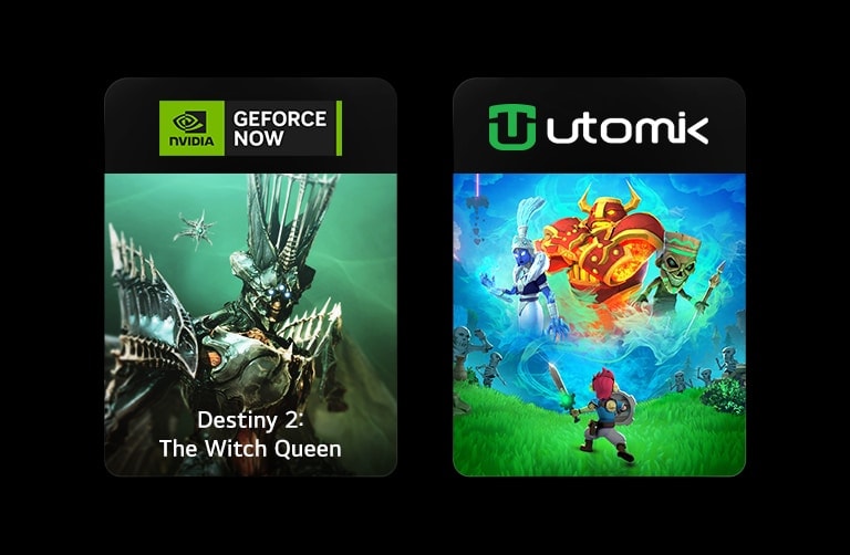 Se visualizan tres bloques de imágenes, cada uno con el logo y la imagen del juego de GeForce NOW*, Utomik y Luna.
