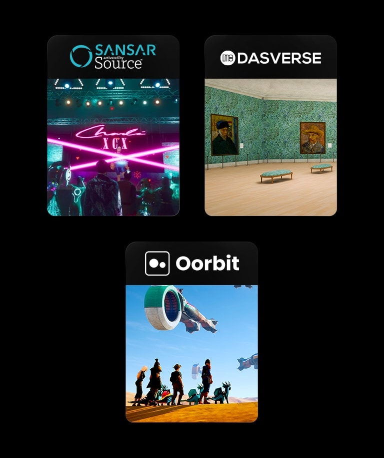 Se visualizan tres bloques de imágenes, cada uno con el logo e imágenes de servicios en el metaverso de Sansar, Dasverse y Oorbit.