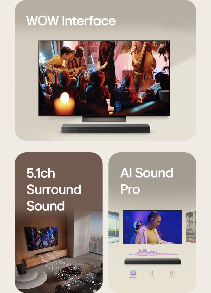 La télécommande LG pointe en direction d’une LG TV positionnée au-dessus d’une LG Soundbar. La LG TV affiche le menu de l’Interface WOW à l’écran.  La LG Soundbar, la LG TV, des enceintes arrières et le caisson de basse sont disposés dans un salon affichant à l’écran l’image d’un concert. Trois branches d'ondes sonores blanches composées de gouttelettes projetées de la barre de son et d’un caisson de basse créent un effet sonore à partir du bas.  La LG Soundbar surmontée de trois écrans TV différents. Le premier diffuse un film, le deuxième un concert et le dernier diffuse un journal télévisé. Sous la barre de son, trois icônes indiquent chaque genre.