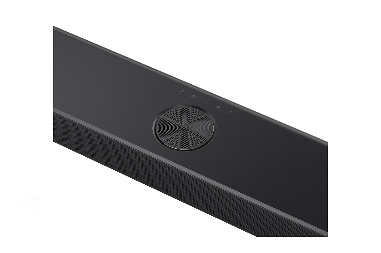 Vue inclinée du dessus du canal central à rayonnement par le haut de la LG Soundbar S77TY