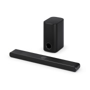 Vue inclinée de la LG Soundbar S77TY et du caisson de basse