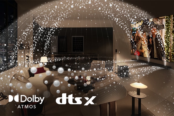 Un film est diffusé sur un téléviseur LG OLED et une barre de son LG dans un appartement moderne de la ville, en vue latérale. Des perles blanches représentant des ondes sonores sont projetées vers le haut et vers le bas depuis la barre de son et le téléviseur, créant ainsi un dôme sonore dans l'espace.  Logo Dolby Atmos Logo DTS X