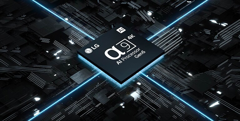Une vidéo du processeur α9 AI 4K Gen6 contre un circuit imprimé. La carte s'illumine et des lumières bleues émanent de la puce, représentant sa puissance.