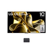 Vue de face avec LG OLED M3 et Zero Connect Box en dessous, l'emblème OLED 10 ans numéro 1 mondial, LG OLED evo, et le logo de la garantie de 5 ans sur l'écran.
