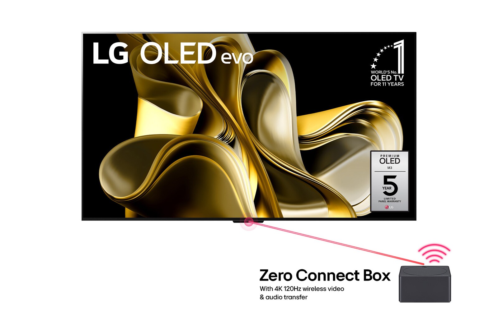 Vue de face avec LG OLED M3 et Zero Connect Box en dessous, l'emblème OLED 10 ans numéro 1 mondial, LG OLED evo, et le logo de la garantie de 5 ans sur l'écran.