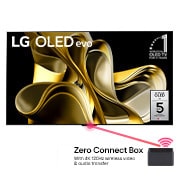 Vue de face avec LG OLED M3 et Zero Connect Box en dessous, l'emblème OLED 10 ans numéro 1 mondial, LG OLED evo, et le logo de la garantie de 5 ans sur l'écran.