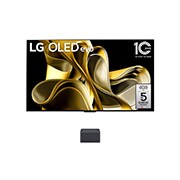 Vue de face avec LG OLED M3 et Zero Connect Box en dessous, l'emblème OLED 10 ans numéro 1 mondial, LG OLED evo, et le logo de la garantie de 5 ans sur l'écran.