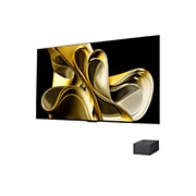 Vue latérale légèrement inclinée vers la gauche de la LG OLED M3 sur le mur avec le boîtier Zero Connect Box en dessous