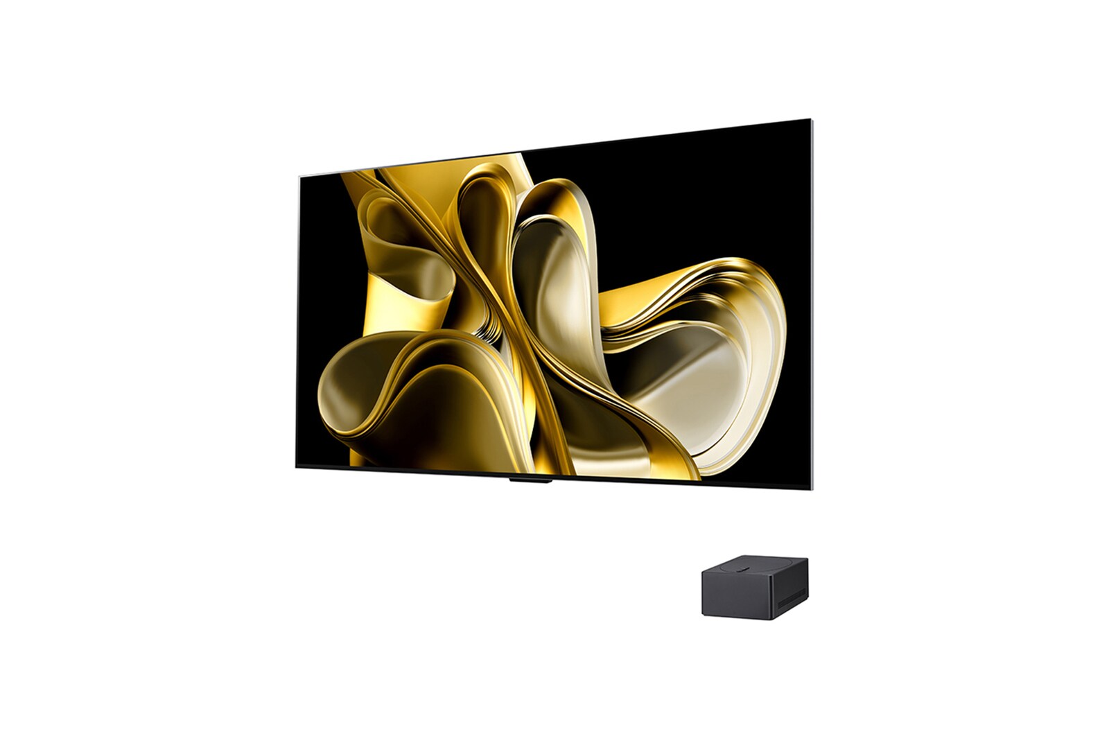 Vue latérale légèrement inclinée vers la gauche de la LG OLED M3 sur le mur avec le boîtier Zero Connect Box en dessous