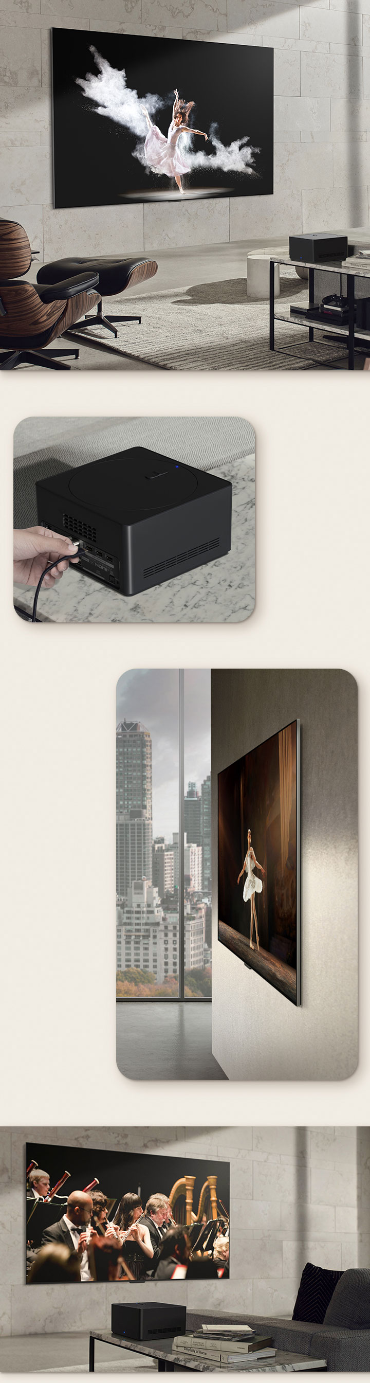 Une image du LG OLED M3 sur le mur d'une pièce agréable, avec un chien et une personne profitant de la vue épurée. Gros plan d'une personne connectant un câble au boîtier Zero Connect Box. Vue latérale des dimensions incroyablement fines du LG OLED M3. Vue en angle du LG OLED M3 sur un support au sol dans un appartement moderne avec le boîtier Zero Connect Box sur une table d'appoint en marbre.