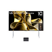 Vue de face avec LG OLED M3 et Zero Connect Box en dessous, l'emblème OLED 10 ans numéro 1 mondial, LG OLED evo, et le logo de la garantie de 5 ans sur l'écran.
