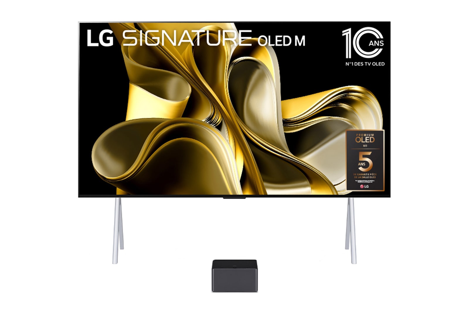 Vue de face avec LG OLED M3 et Zero Connect Box en dessous, l'emblème OLED 10 ans numéro 1 mondial, LG OLED evo, et le logo de la garantie de 5 ans sur l'écran.