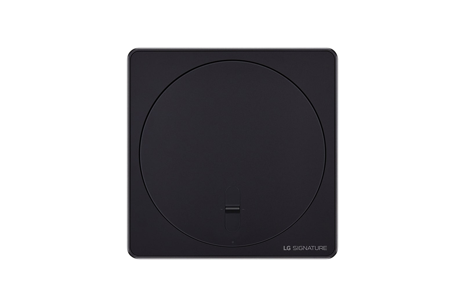 Gros plan légèrement incliné du boîtier Zero Connect Box avec le logo LG OLED sur le bord