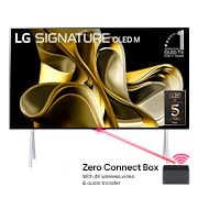 Vue de face avec LG OLED M3 et Zero Connect Box en dessous, l'emblème OLED 10 ans numéro 1 mondial, LG OLED evo, et le logo de la garantie de 5 ans sur l'écran.