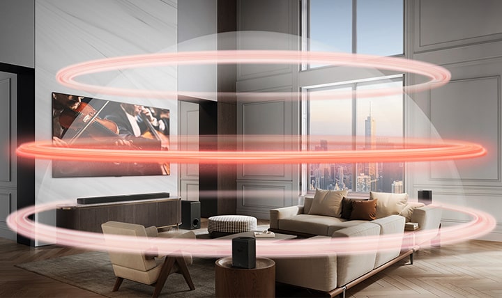 La barre de son LG, les haut-parleurs arrière et le téléviseur LG se trouvent dans un grand appartement urbain. Trois bandes rouges apparaissent l'une après l'autre, représentant des couches virtuelles, et se rejoignent pour créer un dôme sonore complet.